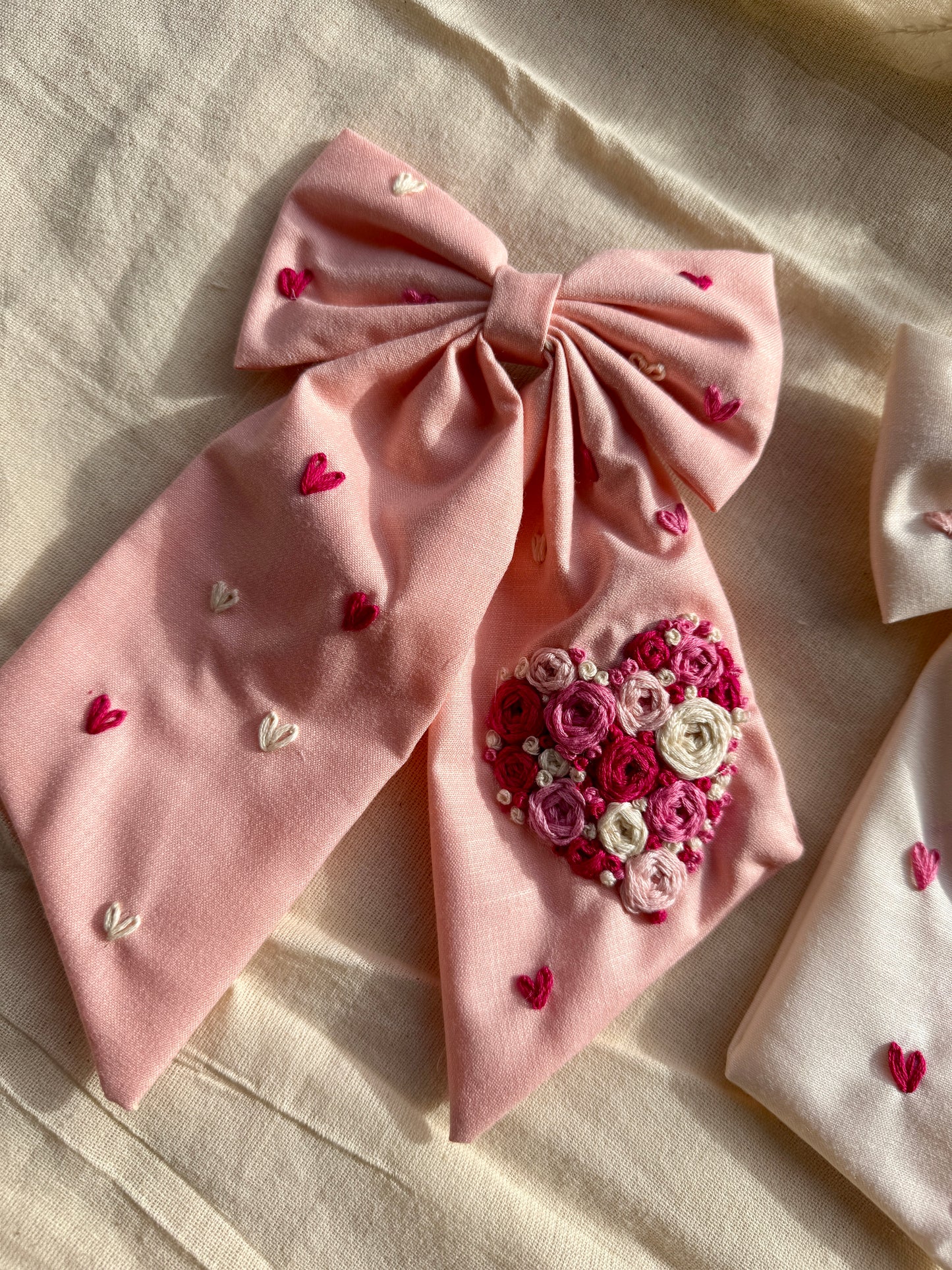 Limited Edition Sweetheart in Blush Pink - Hand Embroidered Hair Bows Clips