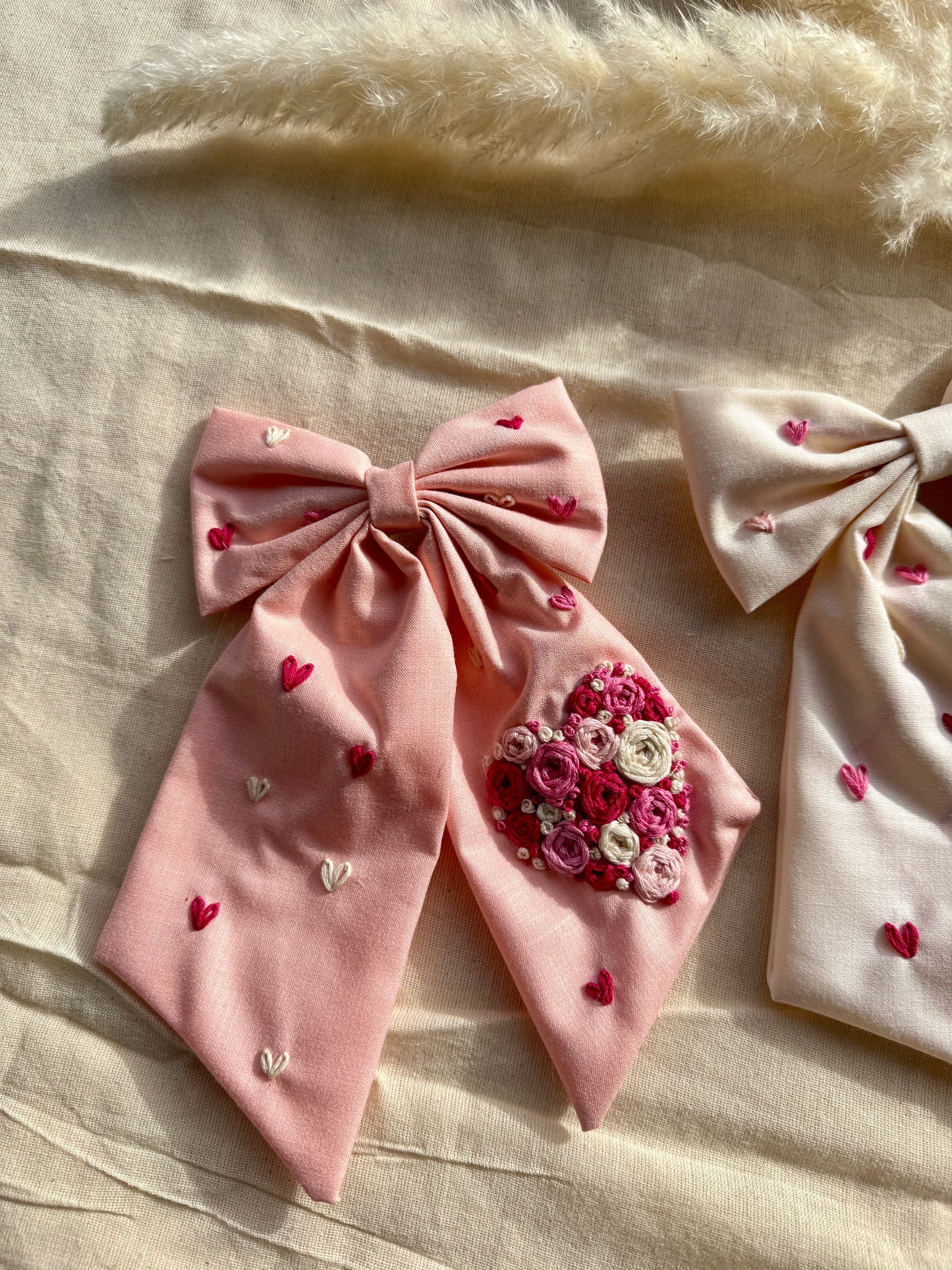 Limited Edition Sweetheart in Blush Pink - Hand Embroidered Hair Bows Clips