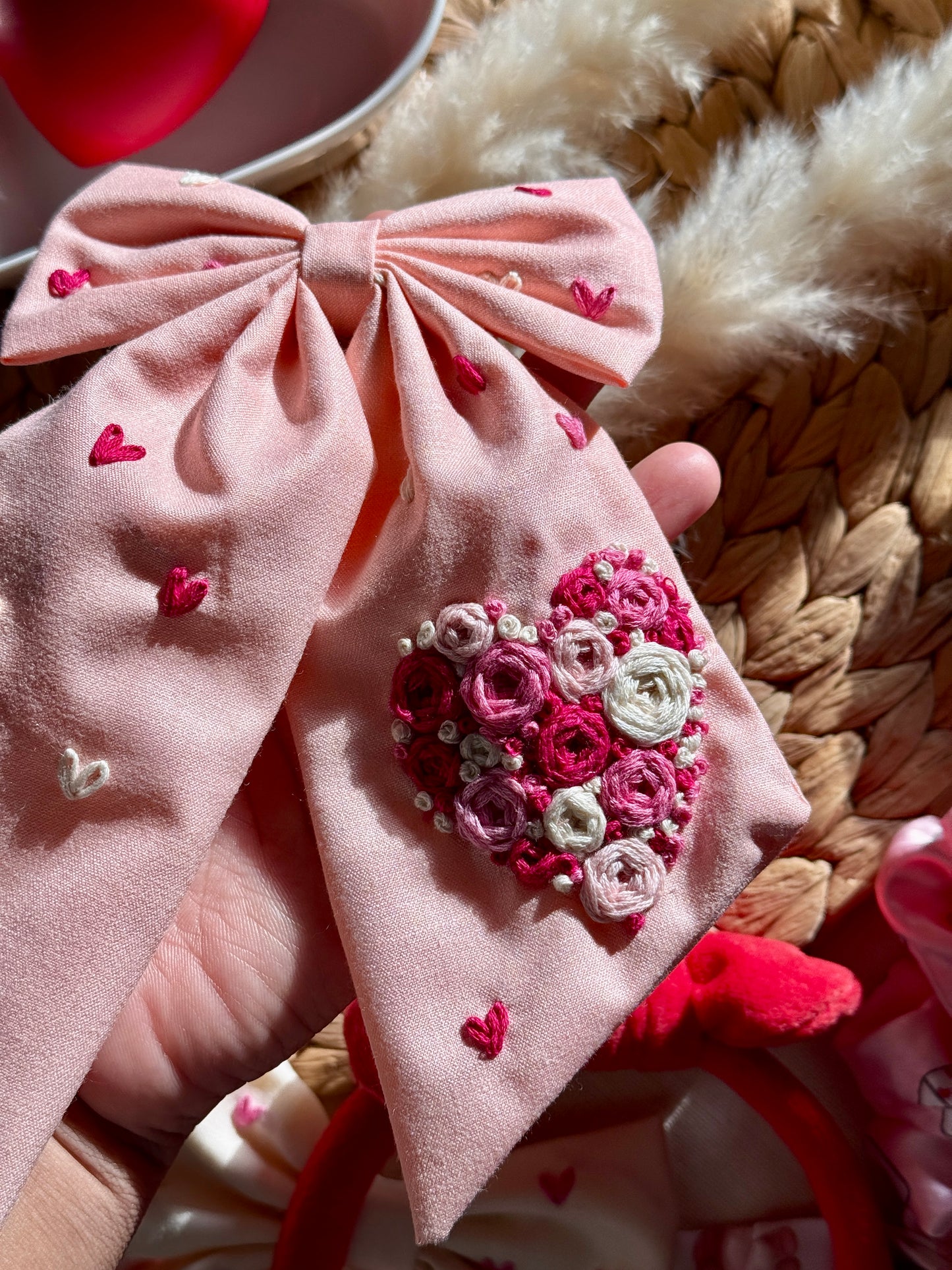 Limited Edition Sweetheart in Blush Pink - Hand Embroidered Hair Bows Clips