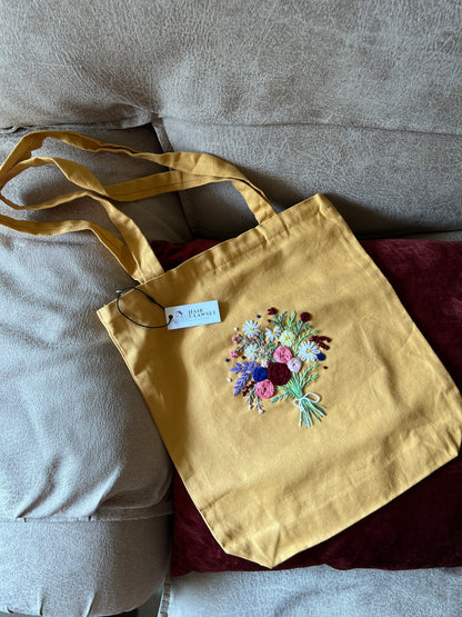 Mustard Yellow Floral Hand Embroidered Tote Bag