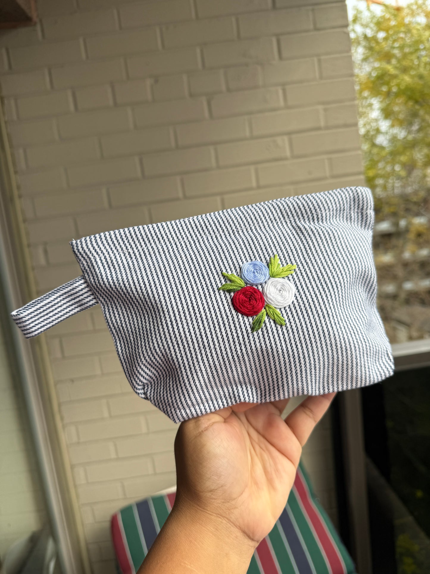 White-Blue Strips Minimal Hand Embroidered Pouch