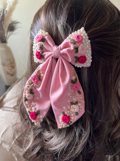 Pearly Blush Pink - Hand Embroidered Hair Bow Clip