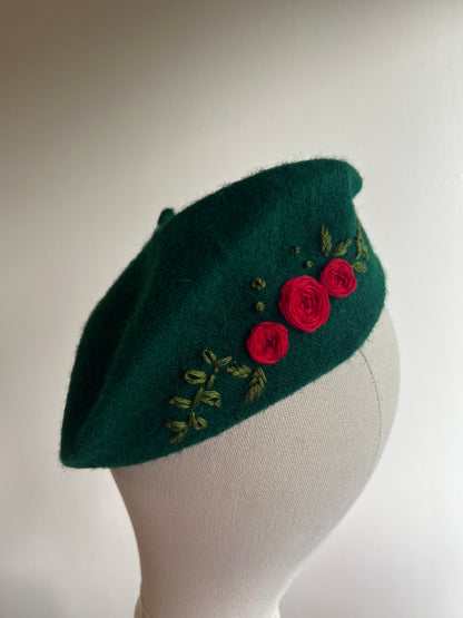 Forest Green Hand Embroidered Beret Hat