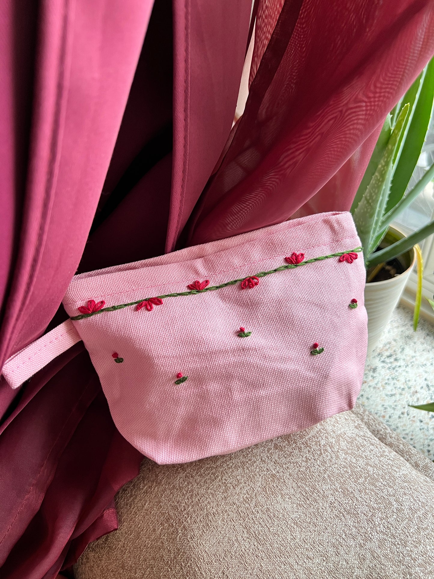 Pink Minimal Hand Embroidered Pouch