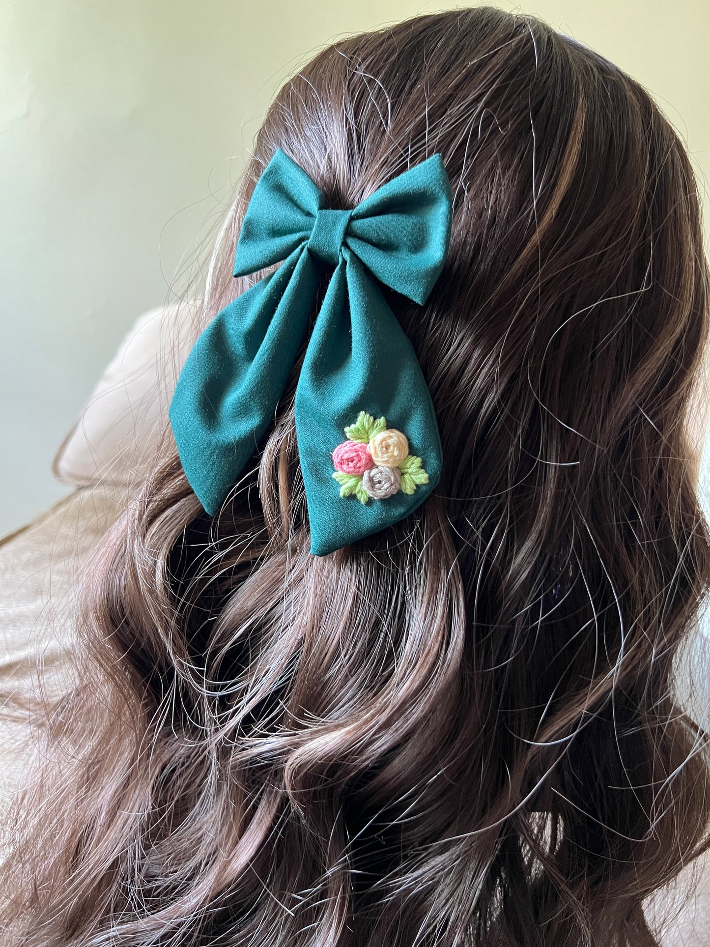 Forest Green - Hand Embroidered Hair Bows