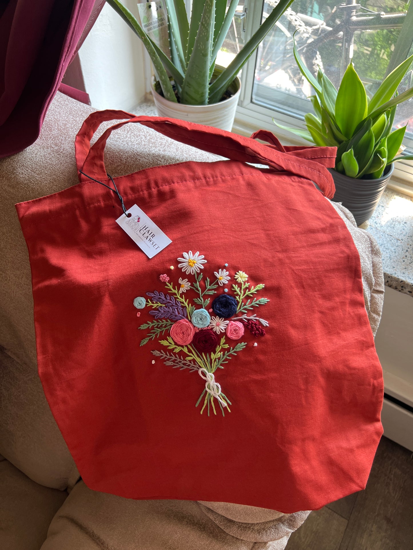 Rust Orange Floral Hand Embroidered Tote Bag