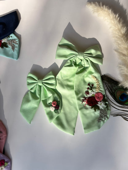 Mint - Hand Embroidered Hair Bow