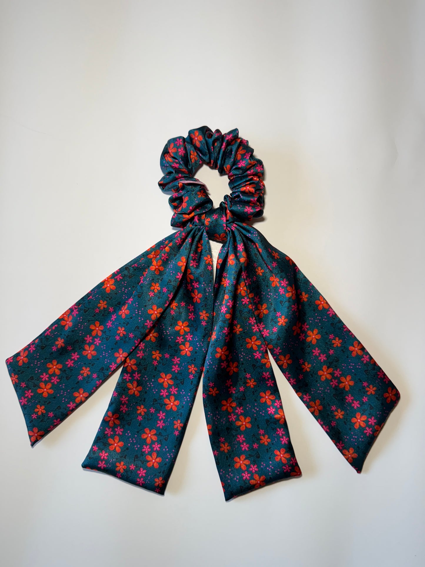 Teal Bloom - Dual Tail Satin Scrunchie