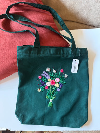 Dark Green Floral Hand Embroidered Tote Bag