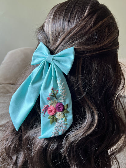 Cyan - Hand Embroidered Hair Bow