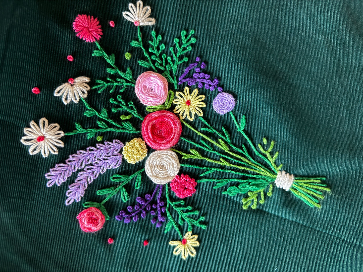 Dark Green Floral Hand Embroidered Tote Bag