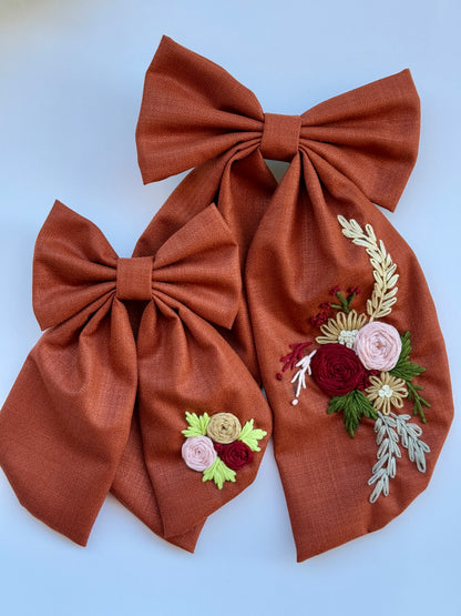 Rustic Orange - Hand Embroidered Hair Bows