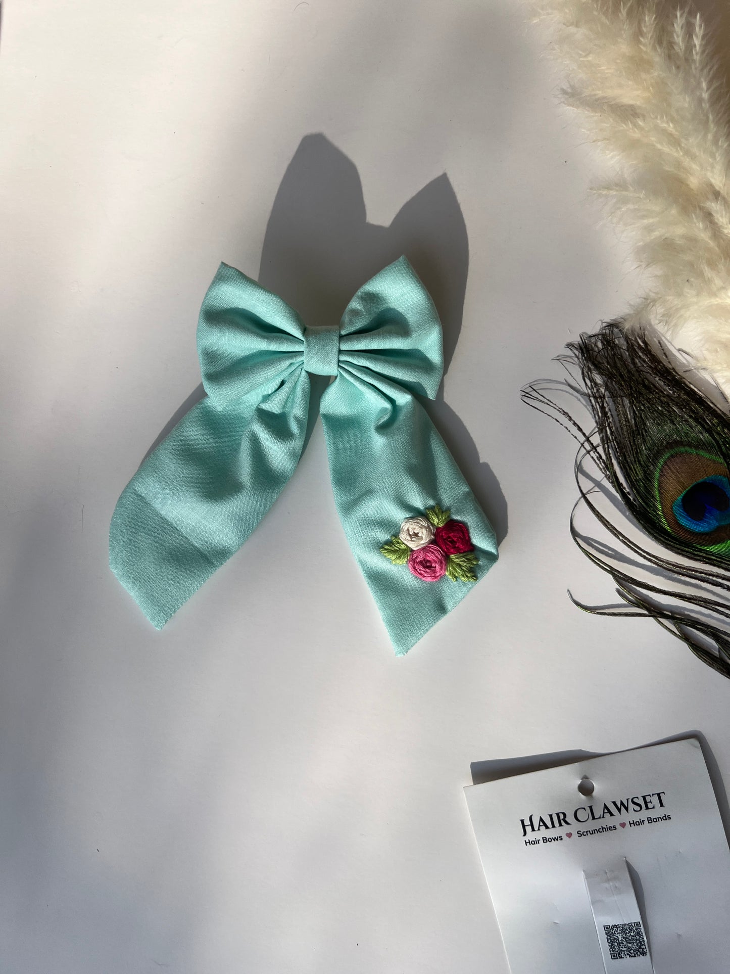 Cyan - Hand Embroidered Hair Bow