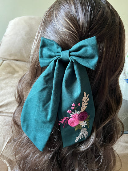 Forest Green - Hand Embroidered Hair Bows