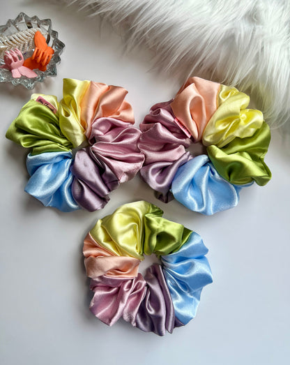 Pastel Rainbow Multicolored Satin Scrunchie