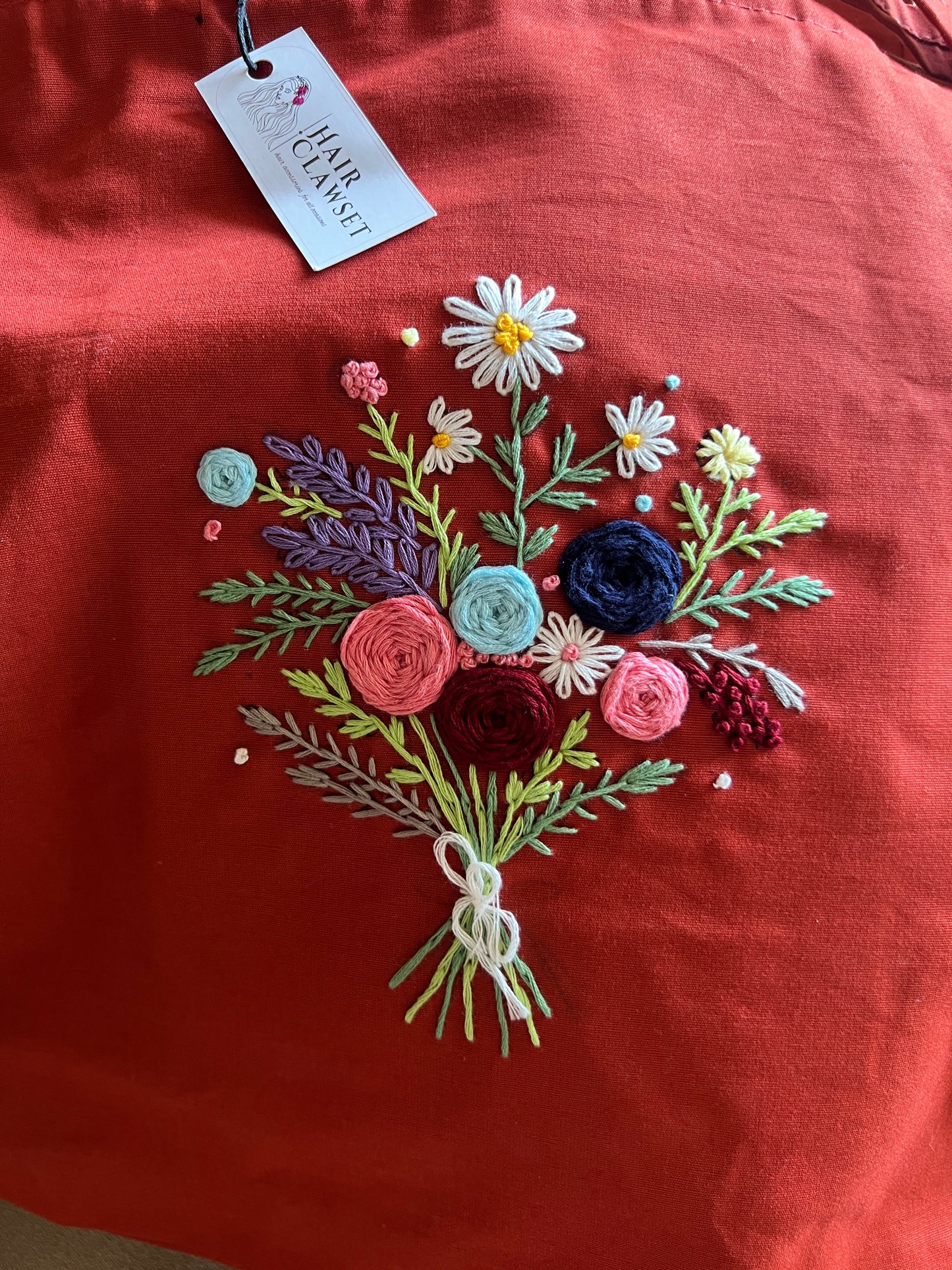 Rust Orange Floral Hand Embroidered Tote Bag