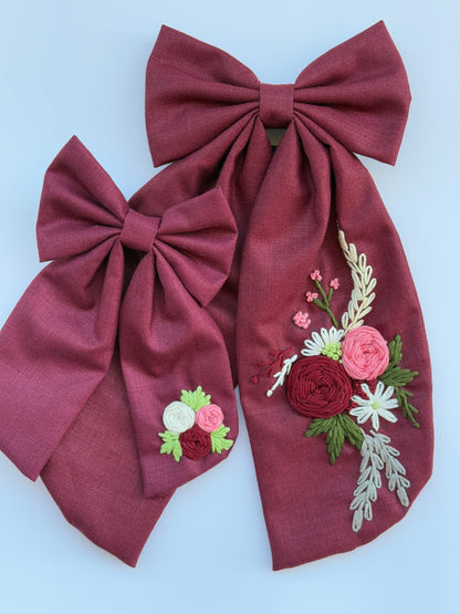 Deep Red - Hand Embroidered Hair Bow