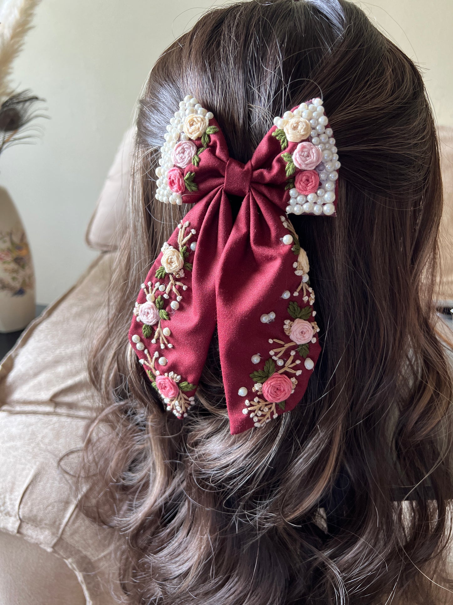 Pearly Deep Red - Hand Embroidered Hair Bow Clip