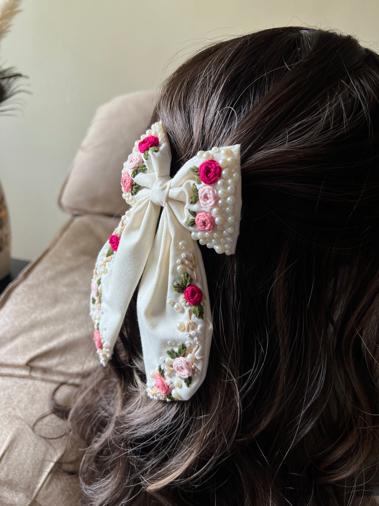 Pearly Cream - Hand Embroidered Hair Bow