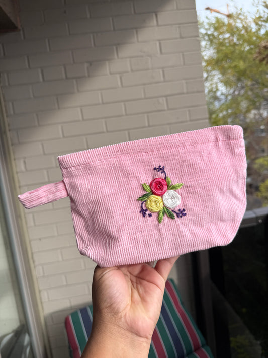 Pink Corduroy Minimal Hand Embroidered Pouch