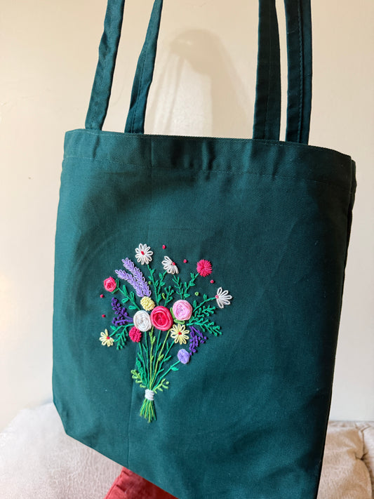 Dark Green Floral Hand Embroidered Tote Bag