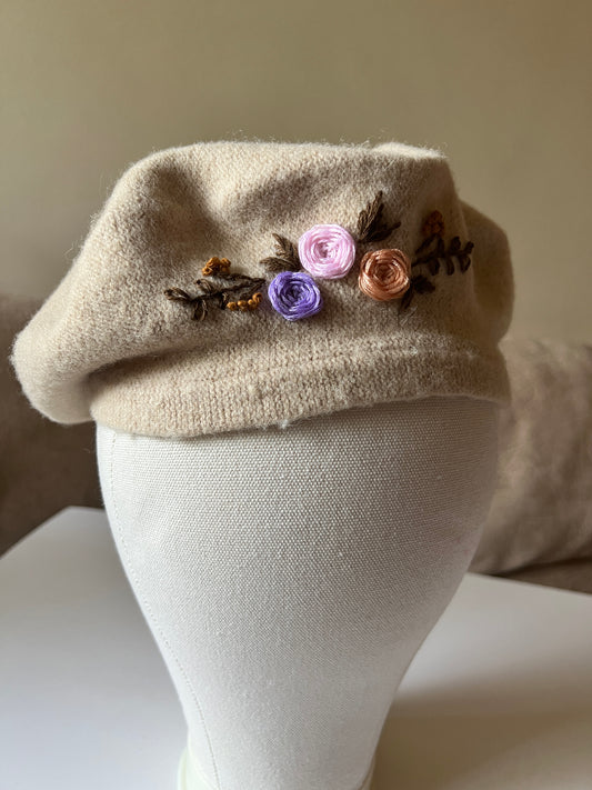 Beige - Hand Embroidered Beret Hat