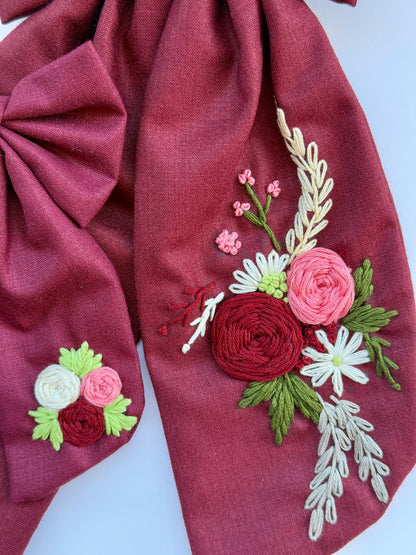 Deep Red - Hand Embroidered Hair Bow