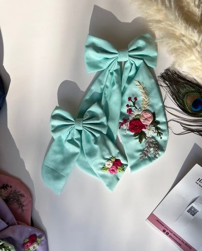 Cyan - Hand Embroidered Hair Bow