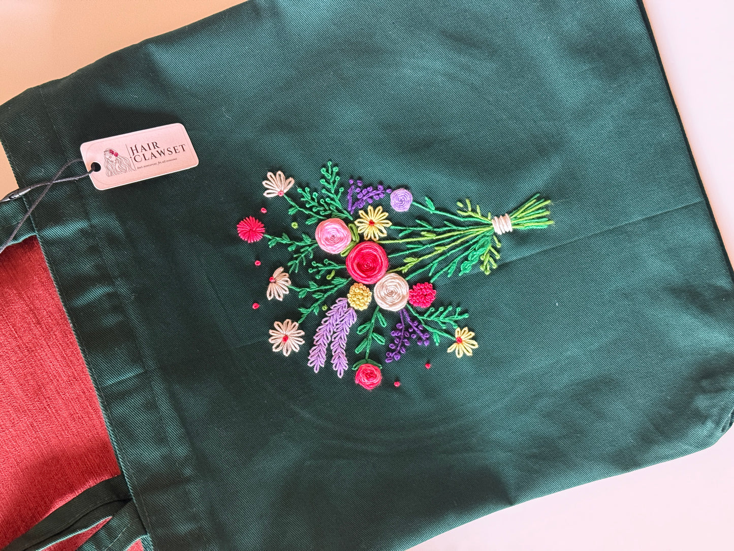 Dark Green Floral Hand Embroidered Tote Bag