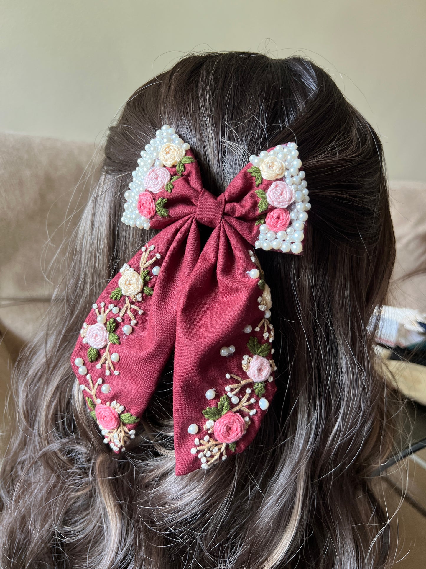 Pearly Deep Red - Hand Embroidered Hair Bow Clip