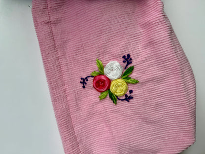 Pink Corduroy Minimal Hand Embroidered Pouch