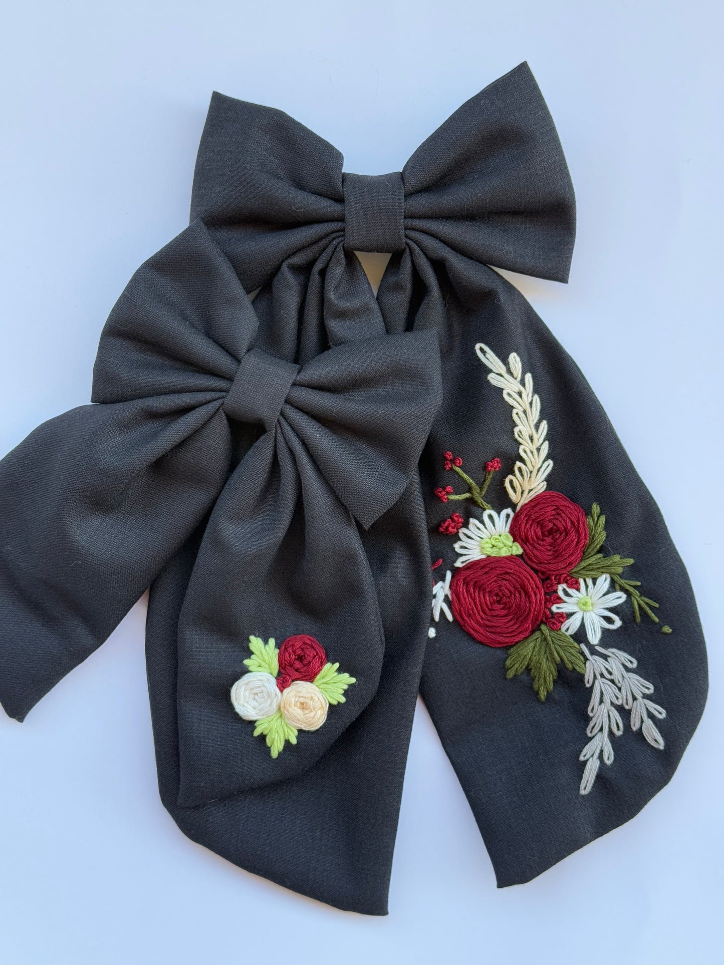 Black - Hand Embroidered Hair Bows