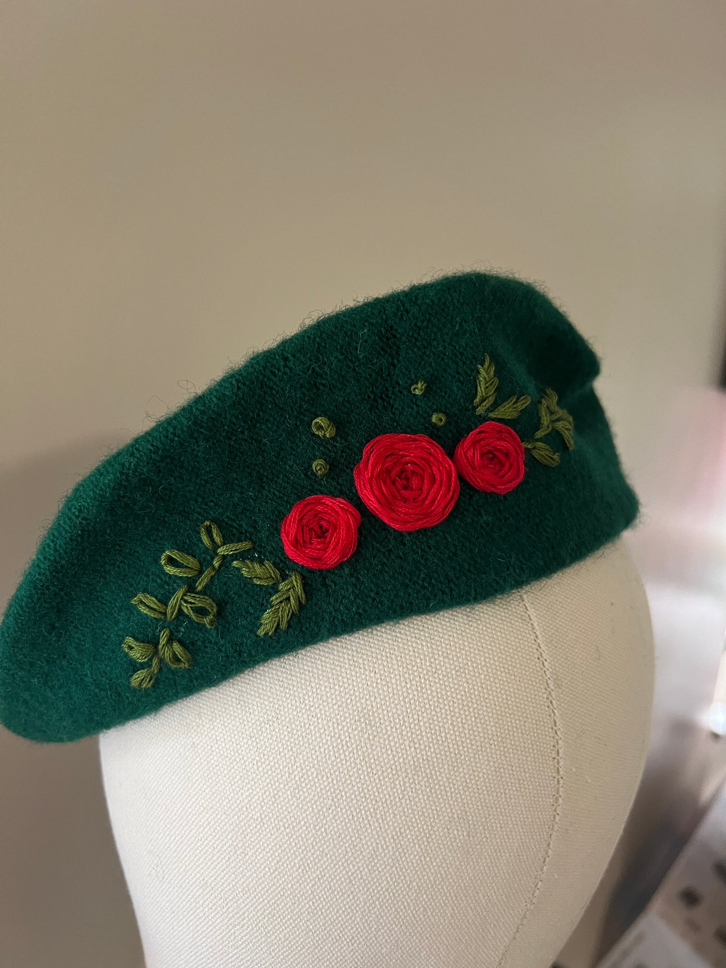 Forest Green Hand Embroidered Beret Hat