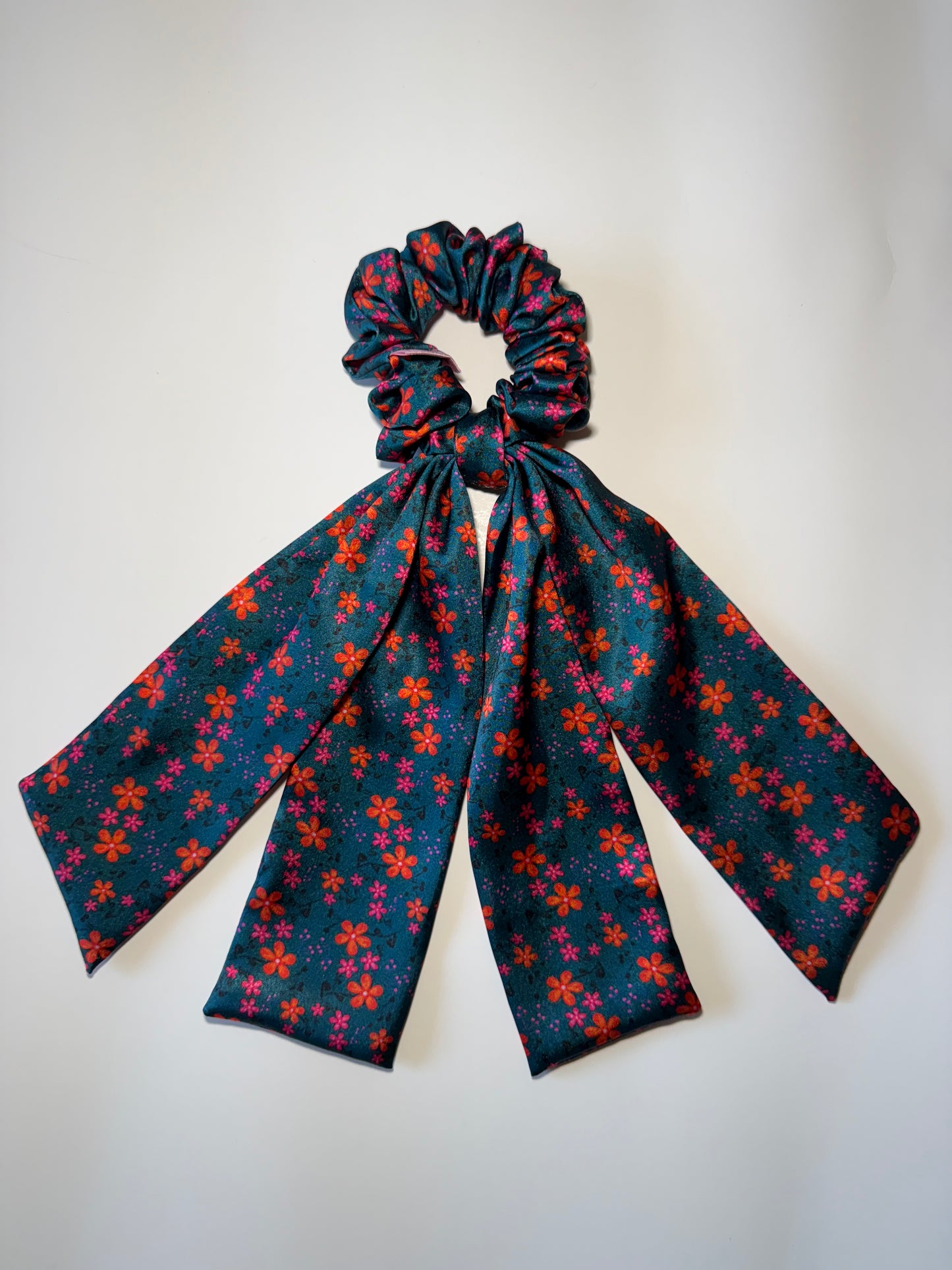 Teal Bloom - Dual Tail Satin Scrunchie