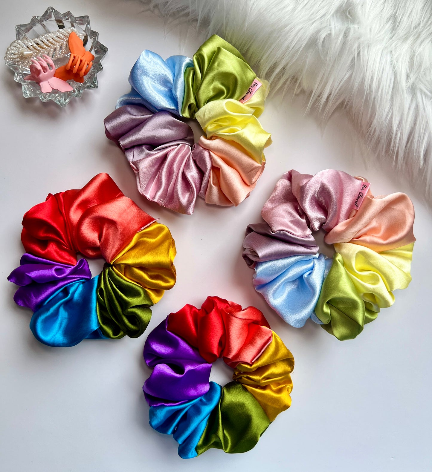 Pastel Rainbow Multicolored Satin Scrunchie