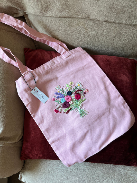 Blush Pink Floral Hand Embroidered Tote Bag