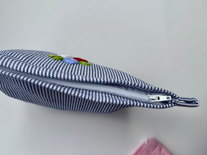 White-Blue Strips Minimal Hand Embroidered Pouch